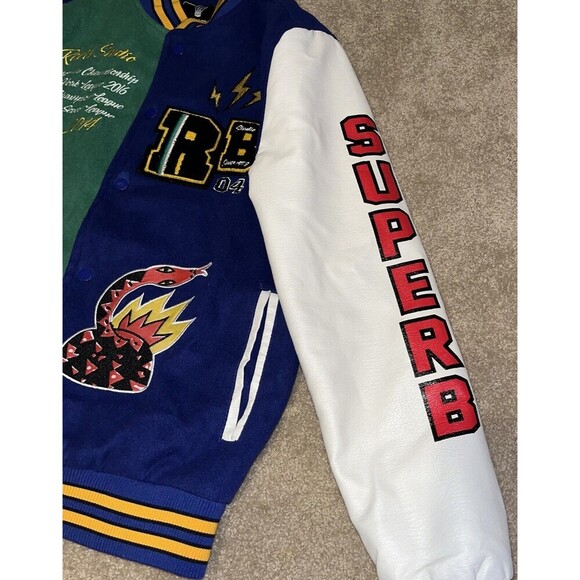 Rebel Minds (M) Velocity Varsity Jacket Blue Leather Embroidered Cobra See Desc - Picture 5 of 16